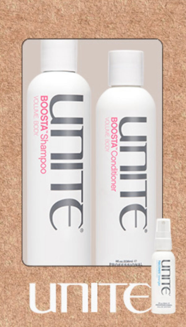 UNITE Boosta Shampoo 300ml Conditioner 236ml plus free Detangler sample size